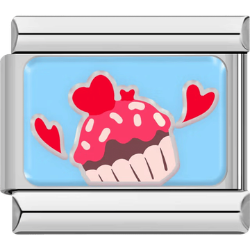 Cute cupcake with pink frosting, sprinkles, and flying red hearts on a light blue background.